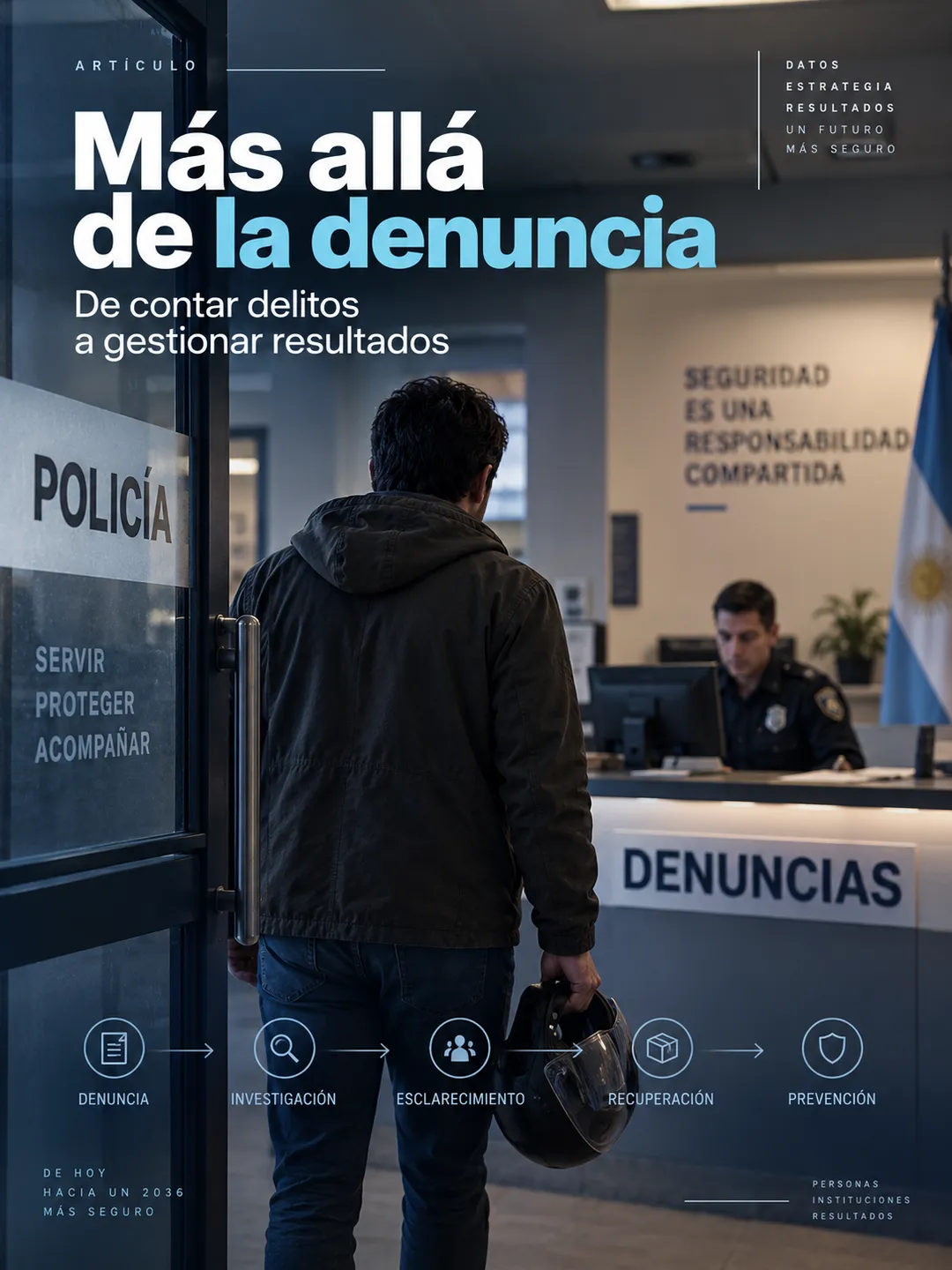Más allá de la denuncia: una persona sale de una comisaría; al pie, el proceso Denuncia → Investigación → Esclarecimiento → Recuperación → Prevención