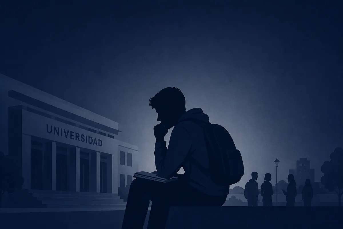 Ilustración de un estudiante universitario pensativo al anochecer frente a la universidad