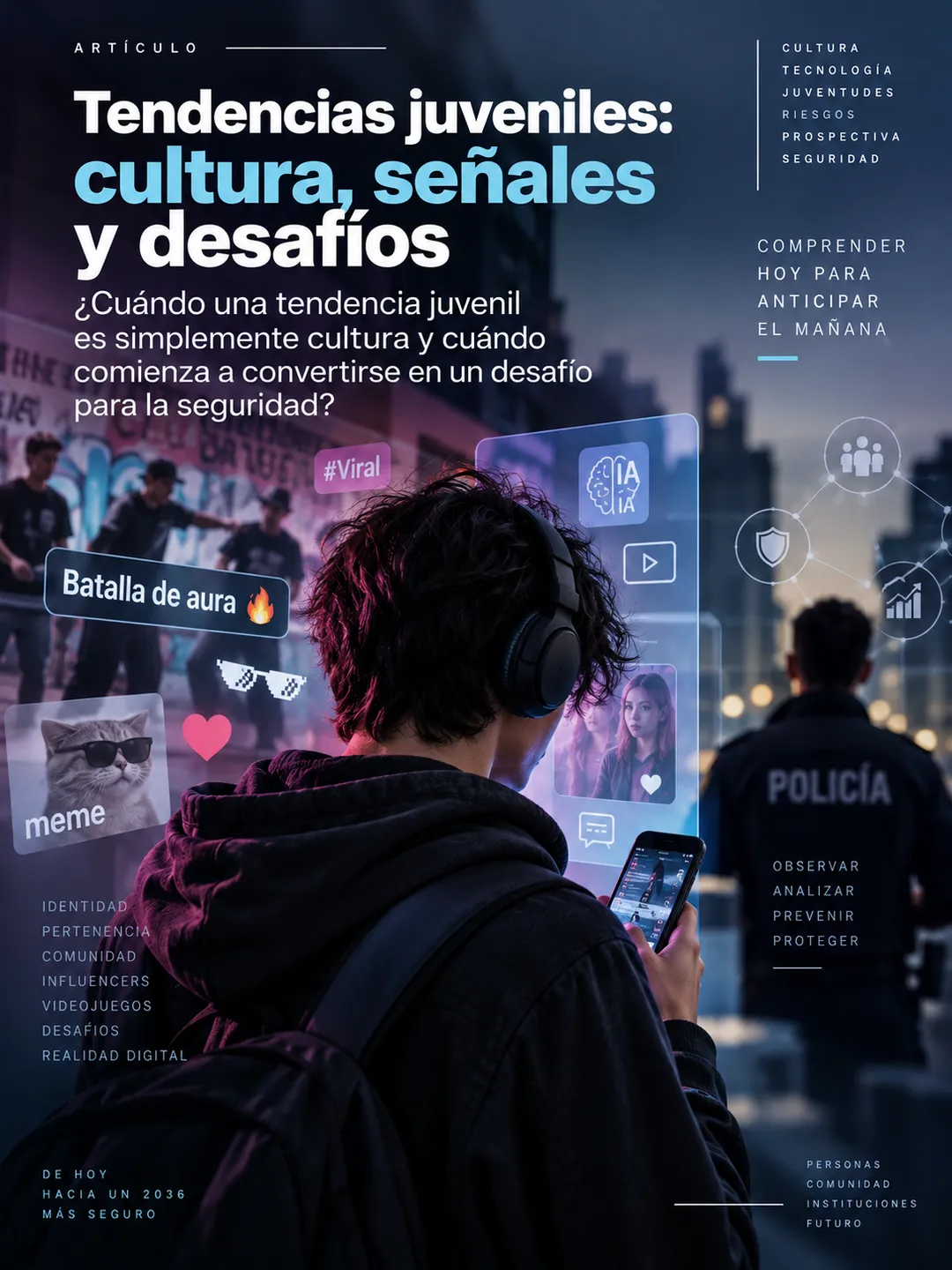 Tendencias juveniles: un joven con auriculares y celular rodeado de íconos de cultura digital; al fondo, un policía observando la ciudad