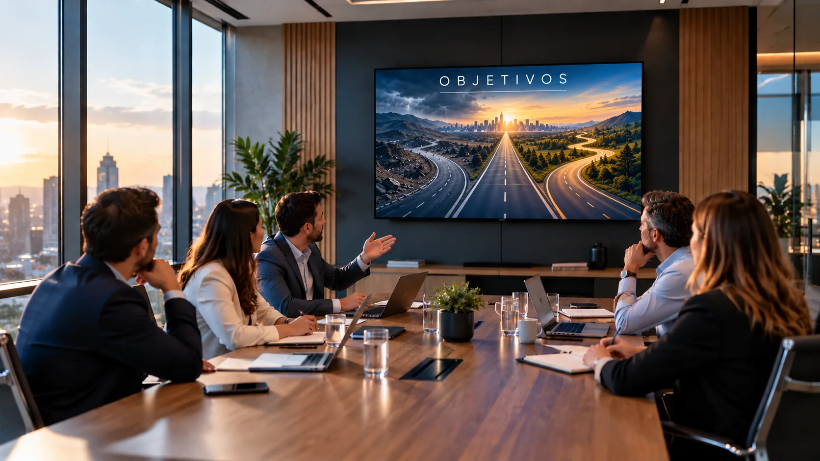 Equipo analizando el plan estratégico en una reunión, con los objetivos en pantalla